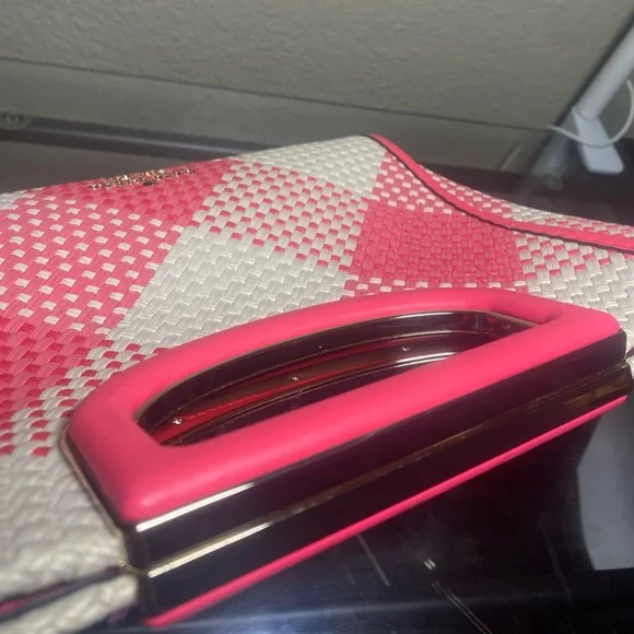 Kate Spade Pink and White Checkered Woven Clutch - Picture 10 of 12